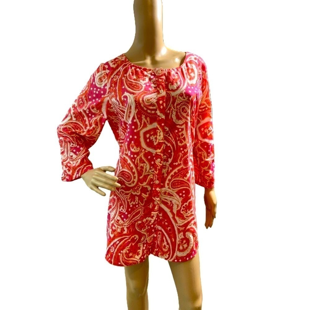 Jones New York Pink Coral Scoop Neck 3/4 Sleeve Paisley Top Dress Size Large